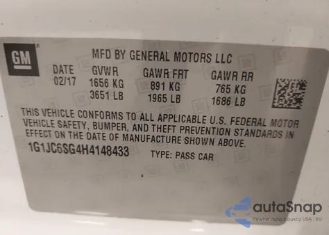 2017 Chevrolet Sonic Lt Manual from USA, damaged, VIN 1G1JC6SG4H4148433